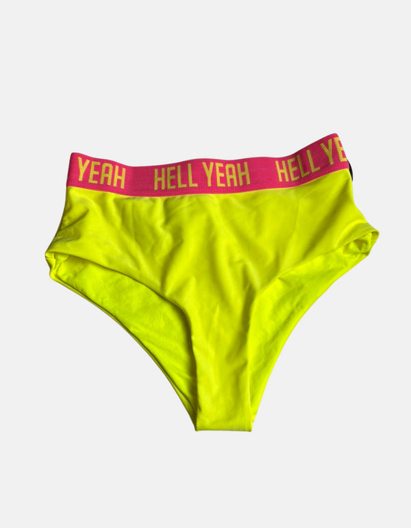 Neon Yellow High-Waisted Bikini Bottom with "Hell Yeah" Waistband